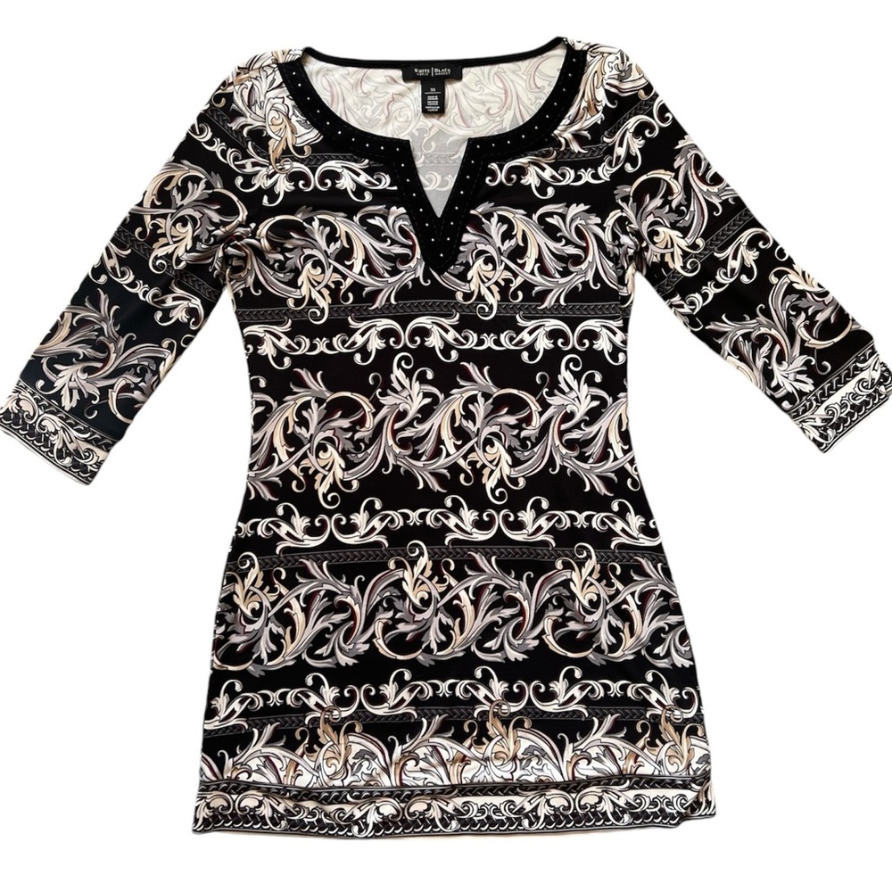 White House Black Market 3/4 Sleeve Notch Necklin Printed Tunic Size Extra Small